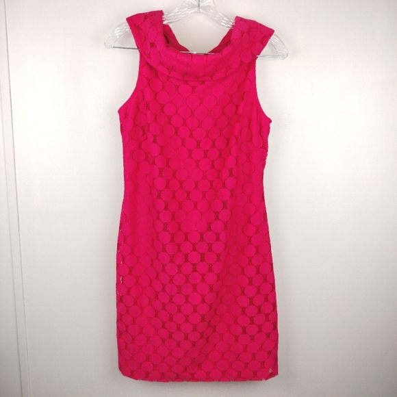 Adrianna Papell Eyelet Circle Cut Lace Overlay Boat Neck Dress in Hot Pink Sz.8 - Picture 2 of 12